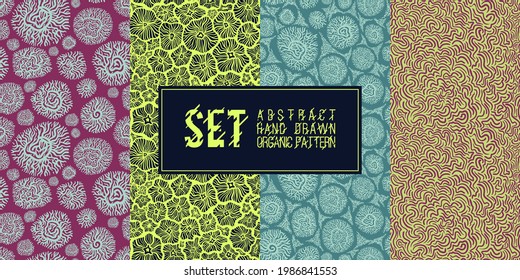 Abstract linear handmade seamless vector set. Actual templates virus, dots, organics, bacteria, flowers, corals, strokes in trendy colors. Graphics for textiles, wallpaper, linen, decoration, printing