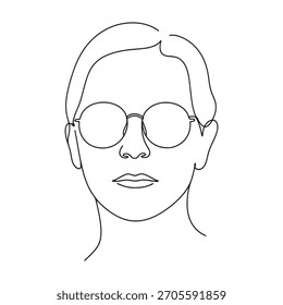 Abstrakte lineare Illustration. Minimalistische Einzeilenzeichnung. Trendy Umrissgrafik. Gesicht mit Brille Kunst.
