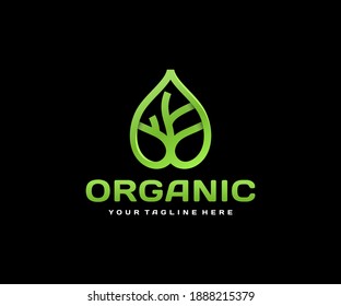 Abstract linear leaf with tree logo design. Nature green tree vector design. Eco organic plant logotype