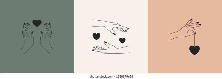 Abstract linear logo design. Minimal boho hands hearts symbols for fashion beauty products. Vector illustration