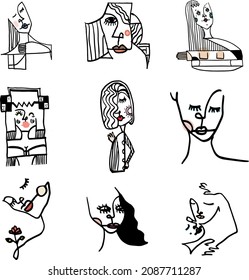 Abstract, linear, minimal style, abstract female form and face drawings. Silhouette view. white background. Vector.