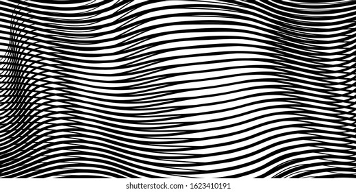Abstract linear monochocrome texture with moire effect of crumpled curved surface optical illusion.. Creative vector background for web sites, interior design, business cards, banners, posters