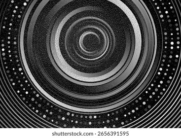 Círculos monocromos lineales Abstractas y líneas punteadas con fondo de textura granulada grunge. Diseño de Vector geométrico