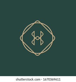
Abstract linear monogram letter H logo icon design, modern minimal style illustration. Premium alphabet round wreath frame vector line emblem sign symbol mark logotype. Line H letter Logo Template.