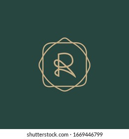 Abstract linear monogram letter R logo icon design, modern minimal style illustration. Premium alphabet round wreath frame vector line emblem sign symbol mark logotype. Line R letter Logo Template.