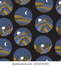 Abstract linear mountain skyline background in circle shapes. Nature landscape seamless pattern. Blue, brown, white and black colors.