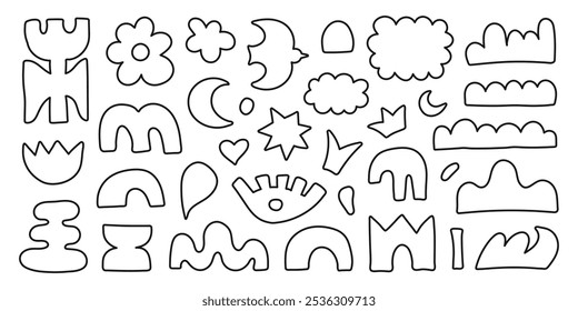 Abstract linear organic shapes with geometric cutting doodles. Trendy random figures isolated on a white background. Vector illustration