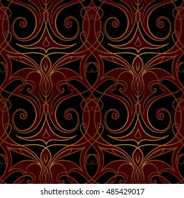 Abstract linear ornament. Detailed intricate hand drawing. Luxurious gold, reach baroque ornament. Boho style seamless pattern. EPS10 vector illustration.