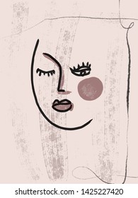 Abstract linear painting face, beauty modern portrait woman, contemporary creative design, female icon isolate on freehand pastel textures. Design for decor printable ,modern wall art, poster, card