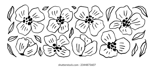 Abstract linear peonies flowers collection. Vector floral elements isolated on white. Hand drawn pencil or pen contour drawing. Camomile, daisy, sakura or peony oriental illustration.