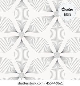 Abstract linear petal flower with linear circle at center of each. Vector pattern