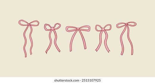 Abstractas lazos rosados lineales. Vector dibujado a mano ilustración de contorno de cintas de raso de vacaciones. Estética del núcleo de Coquette