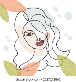 Abstract linear portrait of a girl against the background of autumn and the reality of the coronavirus. Autumn spirit. Pretty woman surrounded by falling leaves. Vector art illustration for you design