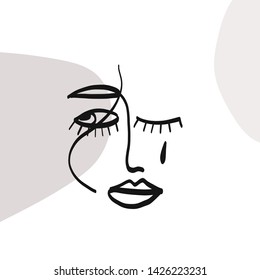 Abstract linear portrait human face. Glamour female emblem. Woman contour drawing. Aesthetic minimalistic concept. Fashion symbol avatar. Vector modern contemporary design