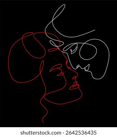 Abstractas retrato lineal de un hombre y la cara de una mujer dibujado a mano sin inteligencia artificial