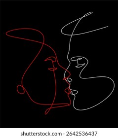 Abstractas retrato lineal de un hombre y la cara de una mujer dibujado a mano sin inteligencia artificial