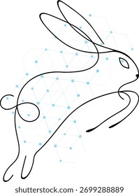 Abstrakte lineare Kaninchendarstellung mit geometrischem Netzwerkhintergrund, die moderne Konnektivität und technologischen Fortschritt darstellt, perfekt für Ostern oder technologiebezogene Projekte