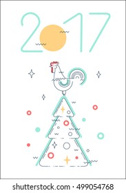 Abstract linear rooster on Christmas tree.   New Year and Christmas flat line design concept, 2017 greeting card. Vector illustration.