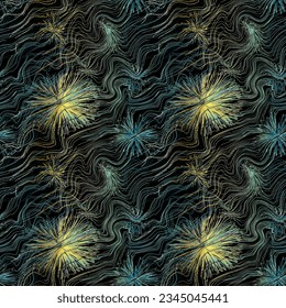 Abstract linear seamless pattern. Waves, swirls and flashes, yellow and blue fireworks on black background