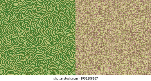Abstract linear seamless vector trend pattern virus, bionic ornament on green and dark background. Colors of fashion trends of the year graphic. For textiles, wallpaper, bedding, floral design