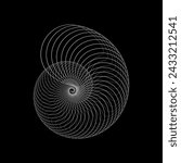 Abstract linear shell shape on black background. Technology object. Round spiral logo. Waves effect. Geometric snail made of lines. Design element. Modern graphic shape. Vector illustration.