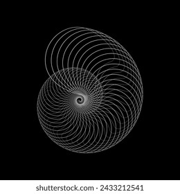 Abstract linear shell shape on black background. Technology object. Round spiral logo. Waves effect. Geometric snail made of lines. Design element. Modern graphic shape. Vector illustration.