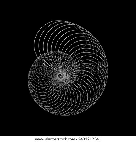 Abstract linear shell shape on black background. Technology object. Round spiral logo. Waves effect. Geometric snail made of lines. Design element. Modern graphic shape. Vector illustration.