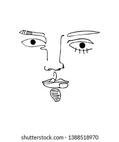Abstract linear silhouette of human face. Modern avant- garde poster. Trendy minimalistic face. One continuous line drawing.