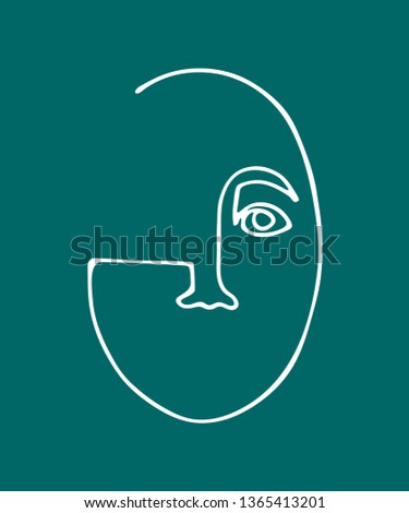 Abstract linear silhouette of human face. Modern avant- garde poster. White silhouette on turquoise background. Trendy minimalistic faces. 