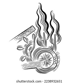 abstract linear sketch for a tattoo. trees and wheels. concept of travel