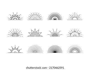 Abstract linear sunset logo set. Boho design elements, minimal sun icons, symbols for tattoo, stories. Modern vector illustration