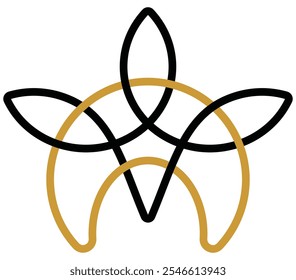 Abstract linear symbol - a knot of half moon and three leaves. Symbolic display of secret occult knowledge and three principles. Graphic sign, icon in Wiccan, European magic motif. Vector illustration