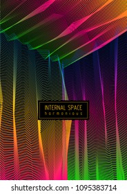 Abstract linear textured vector art background for design, psycho hypnotic futuristic 3d space inside the box or room. Fantastic psychedelic trendy modern op art, optical dimensional illusion.