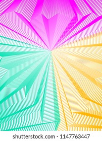 Abstract linear textured vector art background for design, psycho hypnotic futuristic 3d space inside the box or room. Fantastic psychedelic trendy modern op art, optical dimensional illusion.