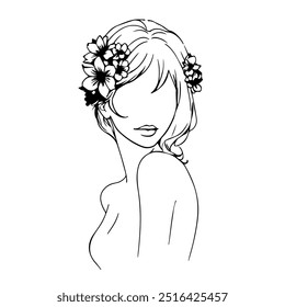 Dibujo de Vector lineal Abstractas de retrato femenino con flores en la cabeza. Dibujo de moda del contorno de la cara de la belleza femenina. Ilustración de moda