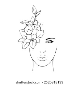 Abstract Linear Vector Drawing of Female Portrait with Flowers on Head. Outline Trendy Drawing of Female Beauty Face. Fashion Illustration