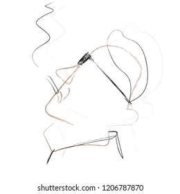 Abstract linear vector illustration  the portrait of a man smoking  cigarette . Good for interior design, business card