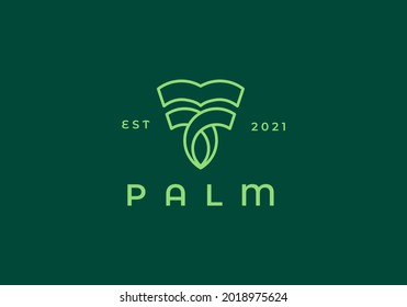 Abstract linear vector palm tree fountain building finance logotype. Universal luxury palm harvest park spa beach logo
