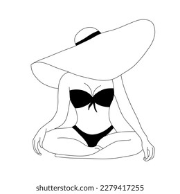Abstract linear woman in hat. Contemporary minimalist female traveler in one line style. Vector outline illustration for logo, print, card, poster.