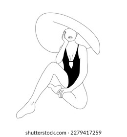 Abstract linear woman in hat. Contemporary minimalist female traveler in one line style. Vector outline illustration for logo, print, card, poster.