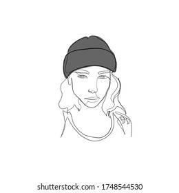 Abstrakte lineare Frau im Hut. Minimales Porträt. Kopfmodisches Accessoire. Eine Linie durchgehend. Schönheit und Glamour Konzept. Kopfbedeckungen für Dame. Handgezeichnete Vektorgrafik. 