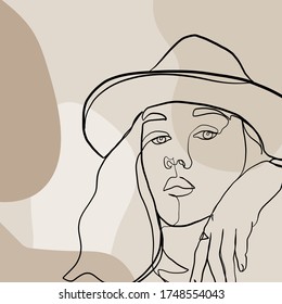 Abstract linear woman in hat. Minimal portrait. Head fashionable accessory. One line continuous. Beauty and glamour concept. Cap headgears for lady. Hand drawn vector illustration. 