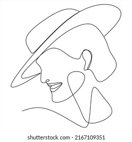 Abstract linear woman in hat. Minimal portrait. Head fashionable accessory. One line continuous. Beauty and glamour concept. Cap headgears for lady. Hand drawn vector illustration.