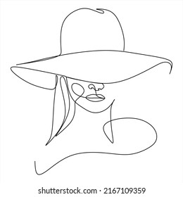 Abstract linear woman in hat. Minimal portrait. Head fashionable accessory. One line continuous. Beauty and glamour concept. Cap headgears for lady. Hand drawn vector illustration.