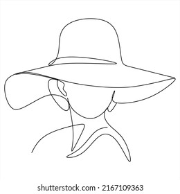 Abstract linear woman in hat. Minimal portrait. Head fashionable accessory. One line continuous. Beauty and glamour concept. Cap headgears for lady. Hand drawn vector illustration.