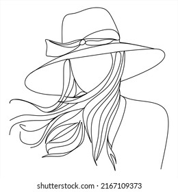 Abstract linear woman in hat. Minimal portrait. Head fashionable accessory. One line continuous. Beauty and glamour concept. Cap headgears for lady. Hand drawn vector illustration.