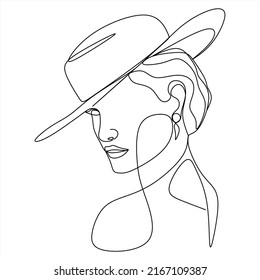 Abstract linear woman in hat. Minimal portrait. Head fashionable accessory. One line continuous. Beauty and glamour concept. Cap headgears for lady. Hand drawn vector illustration.