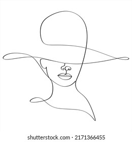 Abstract linear woman in hat. Minimal portrait. Head fashionable accessory. One line continuous. Beauty and glamour concept. Cap headgears for lady. Hand drawn vector illustration.