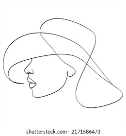 Abstract linear woman in hat. Minimal portrait. Head fashionable accessory. One line continuous. Beauty and glamour concept. Cap headgears for lady. Hand drawn vector illustration.