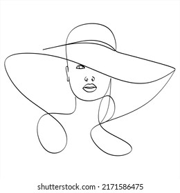 Abstract linear woman in hat. Minimal portrait. Head fashionable accessory. One line continuous. Beauty and glamour concept. Cap headgears for lady. Hand drawn vector illustration.